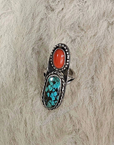 Vintage Turquoise & Coral Sterling Silver Ring #5368
