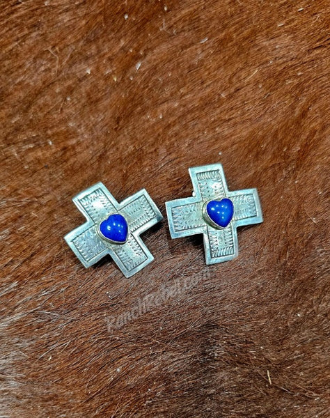 Vintage Sterling & Lapis Cross Post Earrings #6010