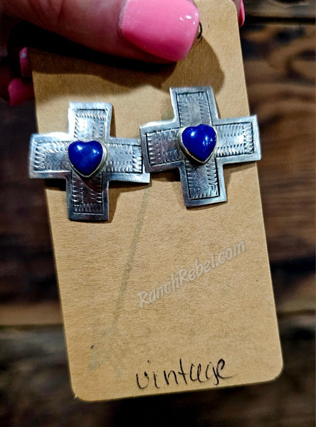 Vintage Sterling & Lapis Cross Post Earrings #6010