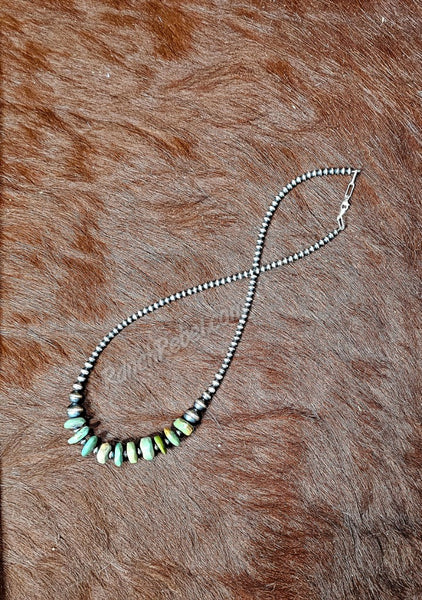Sterling Pearl & Green Turquoise Disc Necklace #6408
