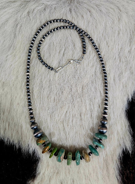 Sterling Pearl & Green Turquoise Disc Necklace #6408