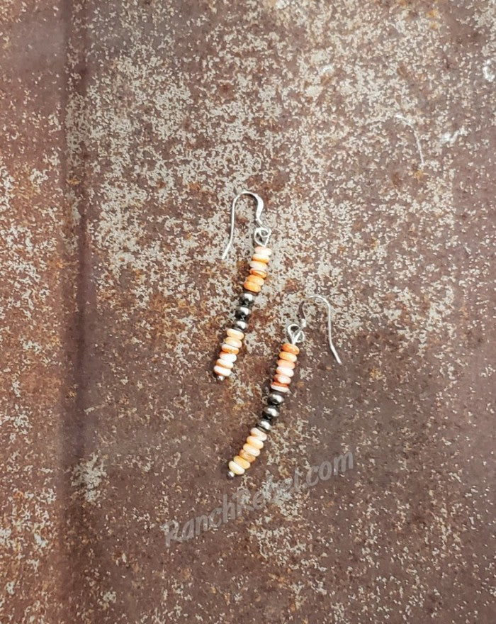Orange Spiny & Navajo Pearl Dangle Earrings #5078