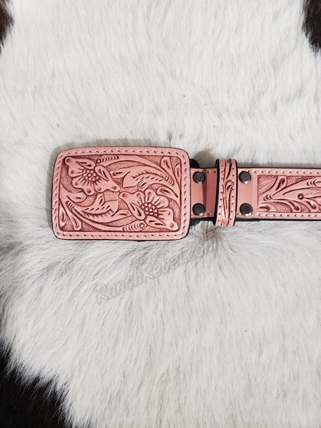 Tooled Leather Belt & Buckle Set in Blush #5085