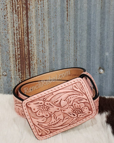 Tooled Leather Belt & Buckle Set in Blush #5085