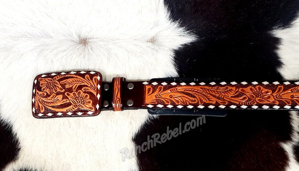 Tooled Leather Belt & Buckle Set in Buckstitch Brown #5219