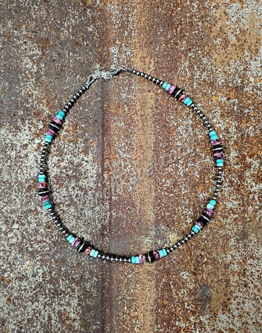 Sterling Pearl, Turquoise & Purple Spiny Necklace #5383