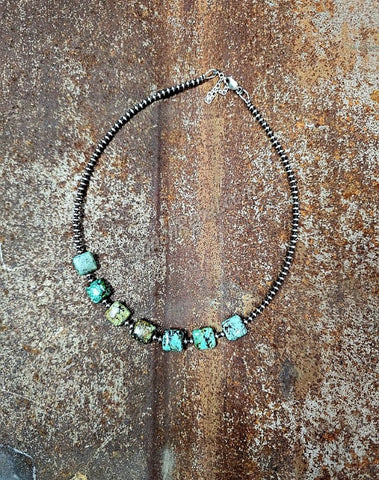 Sterling Pearl & Square African Turquoise Necklace #5384