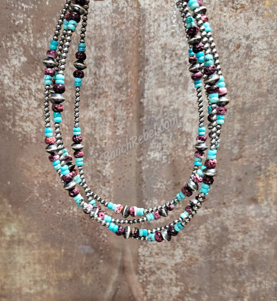 Sterling Pearl, Turquoise & Purple Spiny Necklace #5383