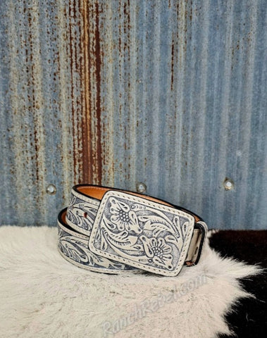Tooled Leather Belt & Buckle Set in Silver #5484