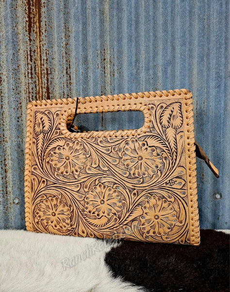 Tooled Leather Square Clutch in Natural #5567