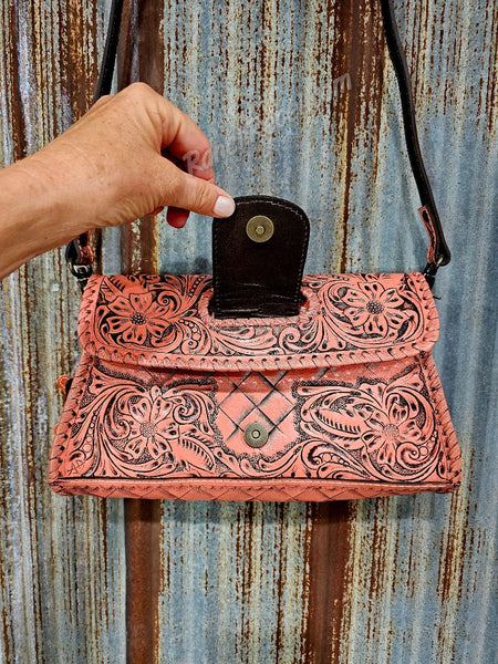 Coral Pink Tooled Leather Bag #5572