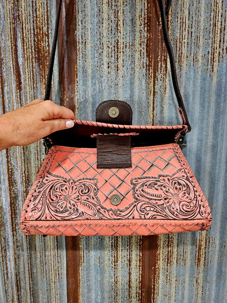 Coral Pink Tooled Leather Bag #5572