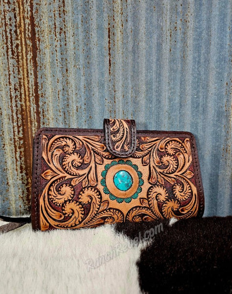 Tooled Leather & Turquoise Wallet #5607