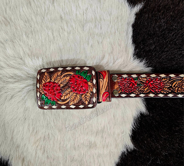 Red Floral Tooled Belt & Buckle Set #5584