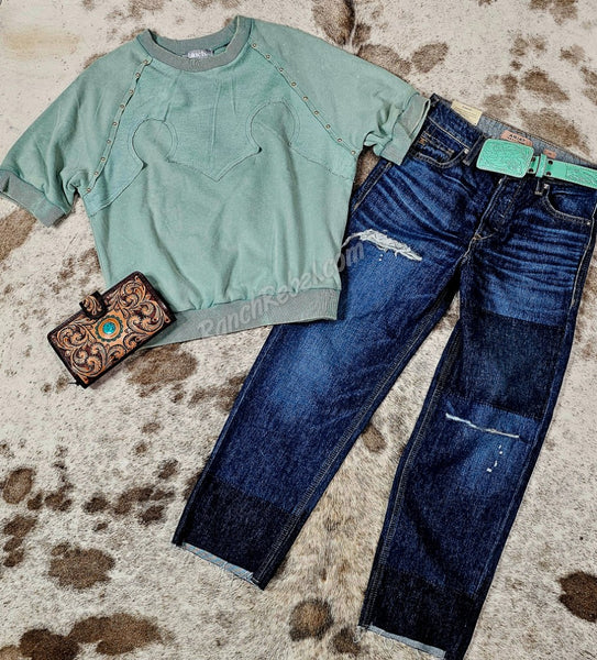 Studded Western Yoke Top in Mint #5586