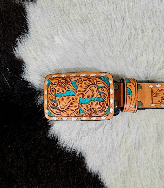 Natural & Turquoise Tooled Leather Belt & Buckle Set #5634