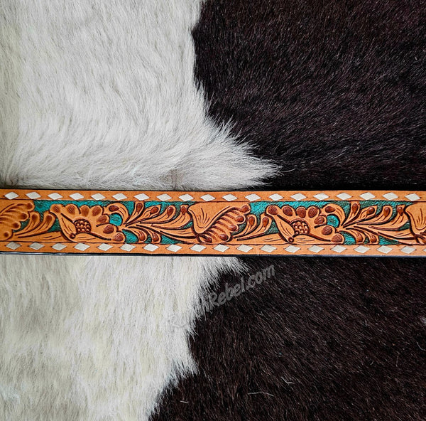 Natural & Turquoise Tooled Leather Belt & Buckle Set #5634