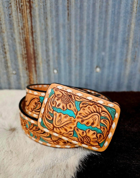 Natural & Turquoise Tooled Leather Belt & Buckle Set #5634