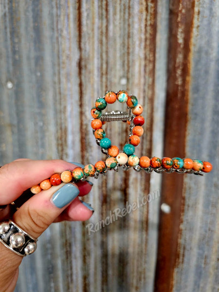 Orange & Turquoise Mix Natural Stone Hair Clip #5725