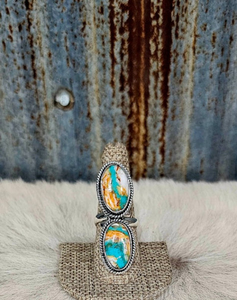 Orange Spiny & Turquoise Adjustable Ring #5771