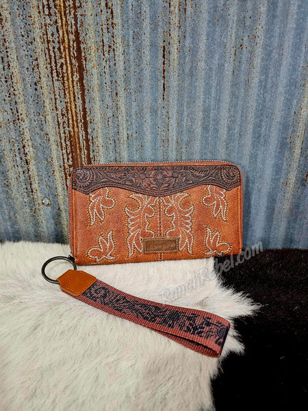 Wrangler Brown Bootstitch Wallet Wristlet #5896