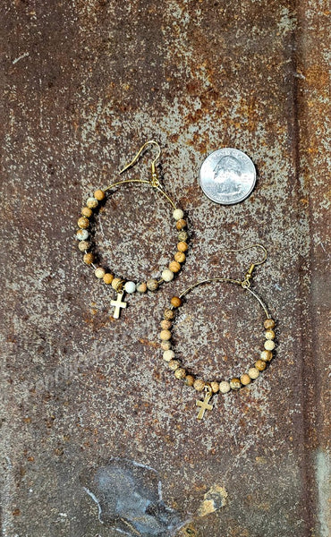 Picture Jasper Hoops with Gold Cross #5959