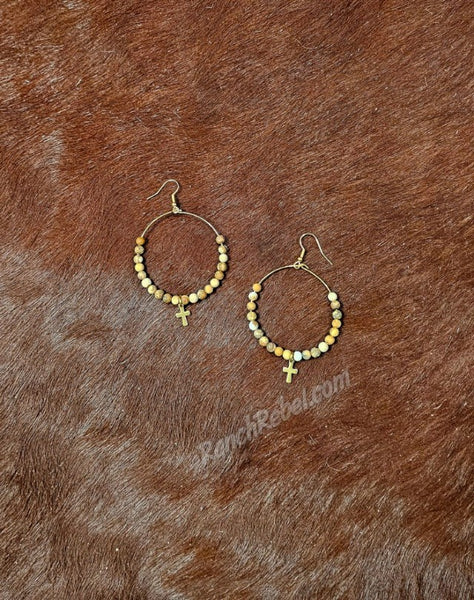 Picture Jasper Hoops with Gold Cross #5959