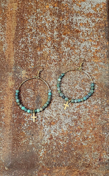 African Turquoise Hoops with Gold Cross #5958