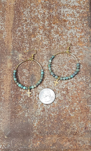 African Turquoise Hoops with Gold Cross #5958