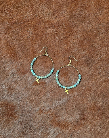 African Turquoise Hoops with Gold Cross #5958