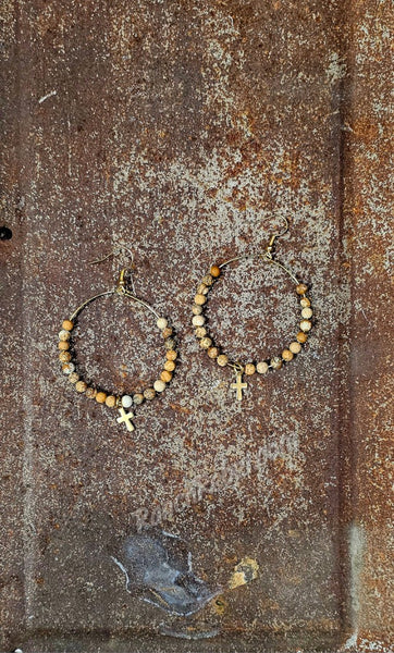 Picture Jasper Hoops with Gold Cross #5959