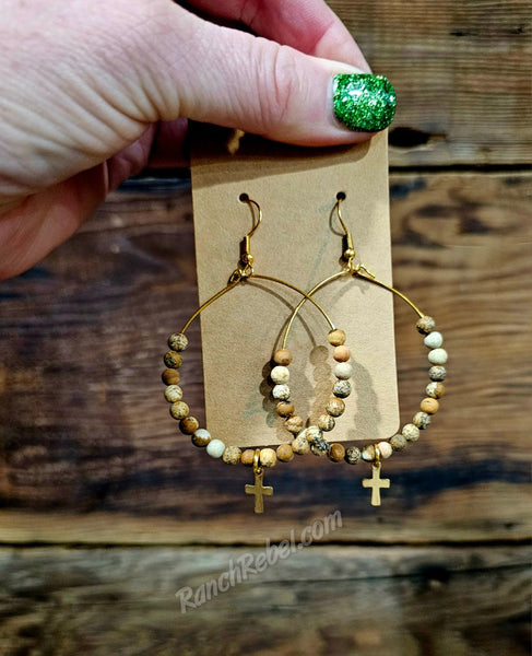 Picture Jasper Hoops with Gold Cross #5959