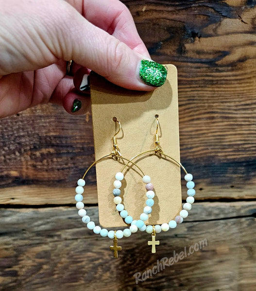 Amazonite Hoops with Gold Cross #5957