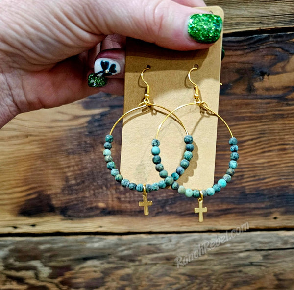 African Turquoise Hoops with Gold Cross #5958