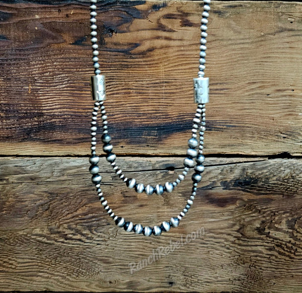 Double Strand Sterling Pearl & Barrel Bead Necklace #5978