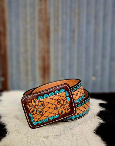 Two Tone Brown & Turquoise Basket Weave Belt & Buckle Set #6078