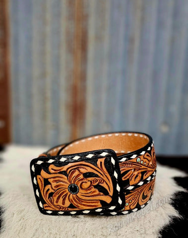 Black & Brown Tooled Leather Belt & Buckle Set #6043