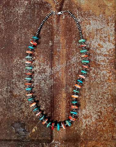 Orange Spiny & Green Turquoise Disc Necklace #6083