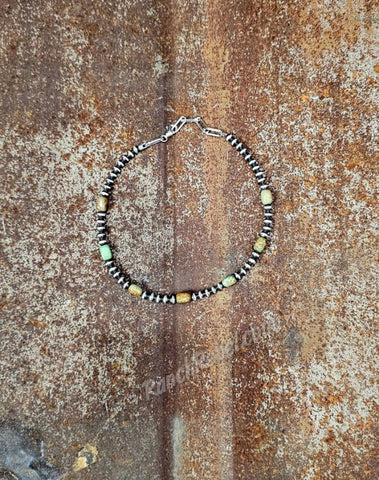 Sterling Pearl & Green Turquoise Ankle Bracelet #6097