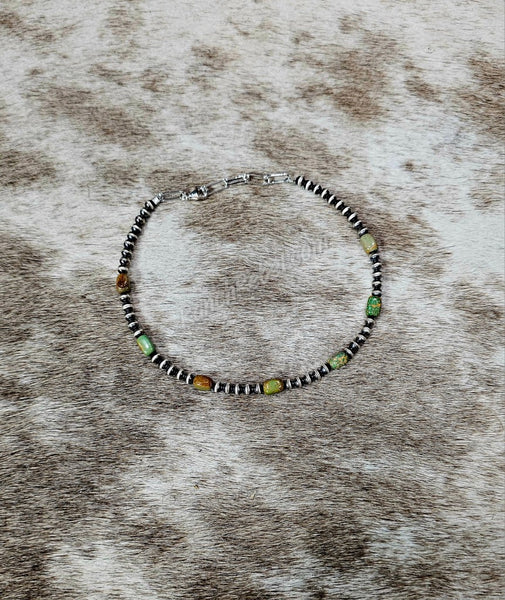 Sterling Pearl & Green Turquoise Ankle Bracelet #6097