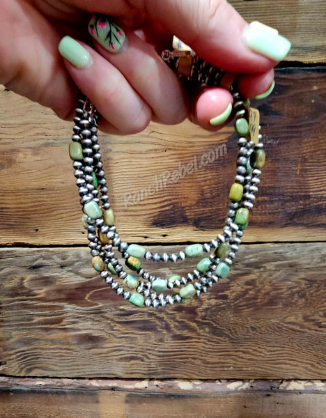 Sterling Pearl & Green Turquoise Ankle Bracelet #6097