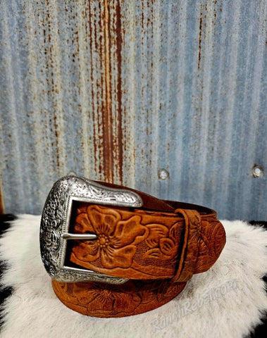 Brown Floral Tooled Leather Belt #6189