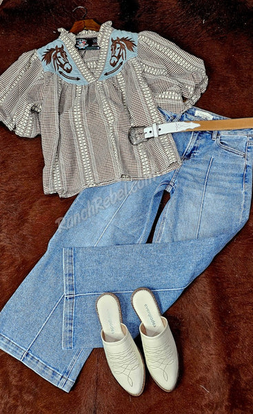 Puff Sleeve Pony Gingham Top #6191