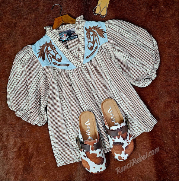 Puff Sleeve Pony Gingham Top #6191