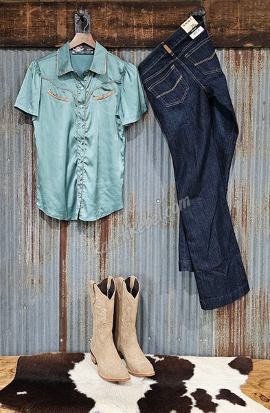 Teal Satin Arrow Pearl Snap #6213