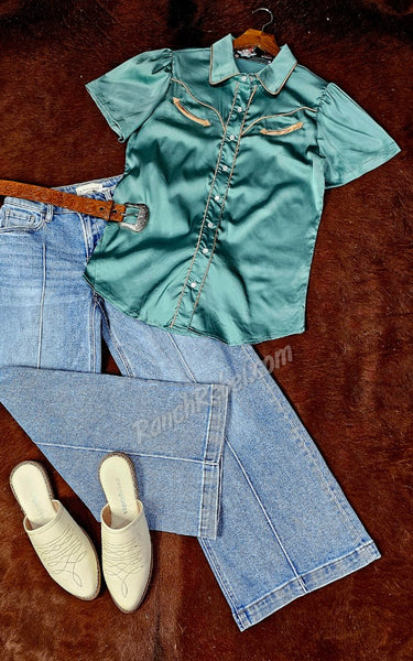 Teal Satin Arrow Pearl Snap #6213