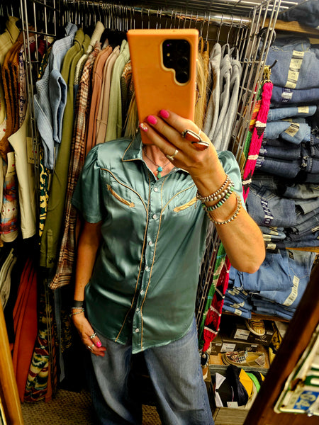Teal Satin Arrow Pearl Snap #6213