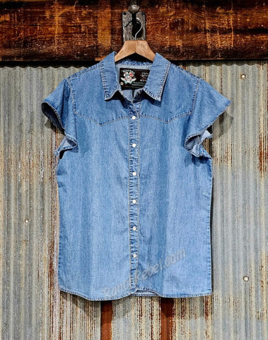 Dark Denim Frills Pearl Snap Shirt #6248