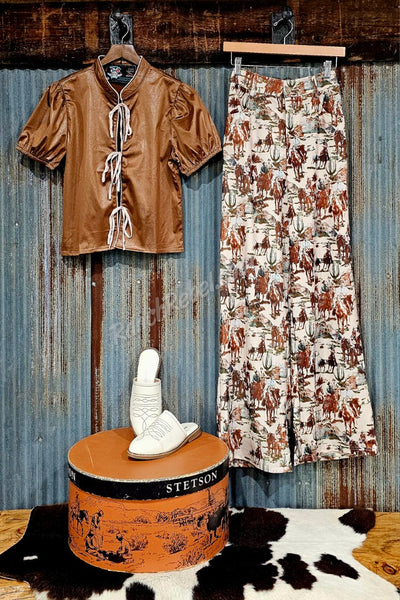 Mocha Faux Leather Tie Front Top #6226