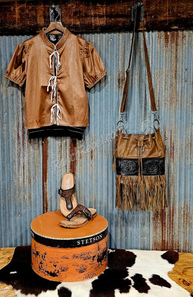 Mocha Faux Leather Tie Front Top #6226
